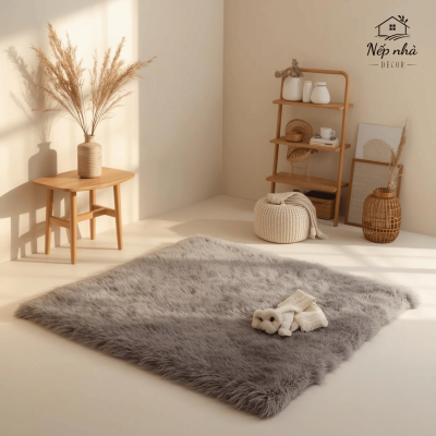 Thảm lông trải sàn decor phòng ngủ mềm mại, màu trung tính hiện đại